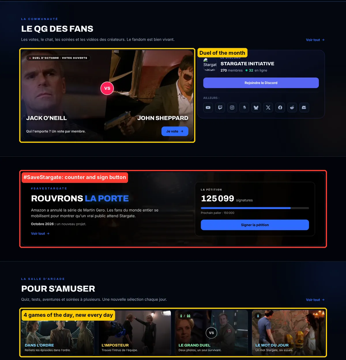 The home page with its new Community, #SaveStargate and Games blocks, boxed in red
