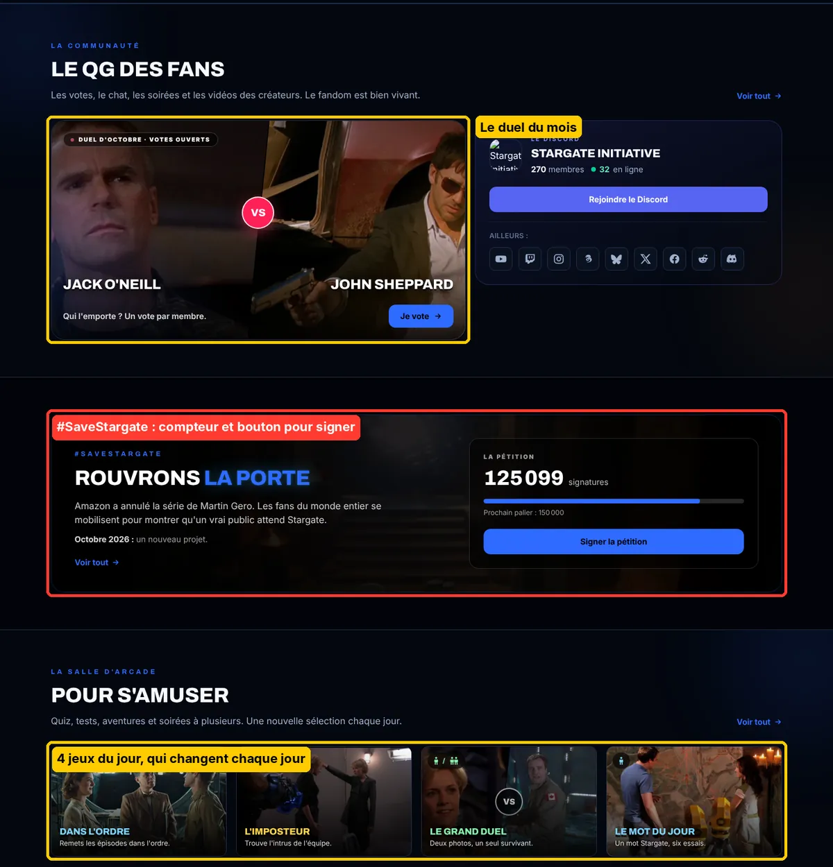 L'accueil avec ses nouveaux blocs Communauté, #SaveStargate et Pour s'amuser, encadrés en rouge
