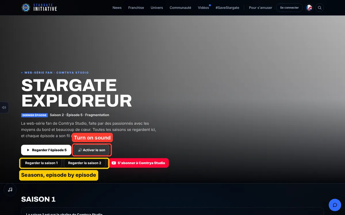 The Stargate Exploreur page: the Turn on sound button boxed in red, the season buttons circled in yellow
