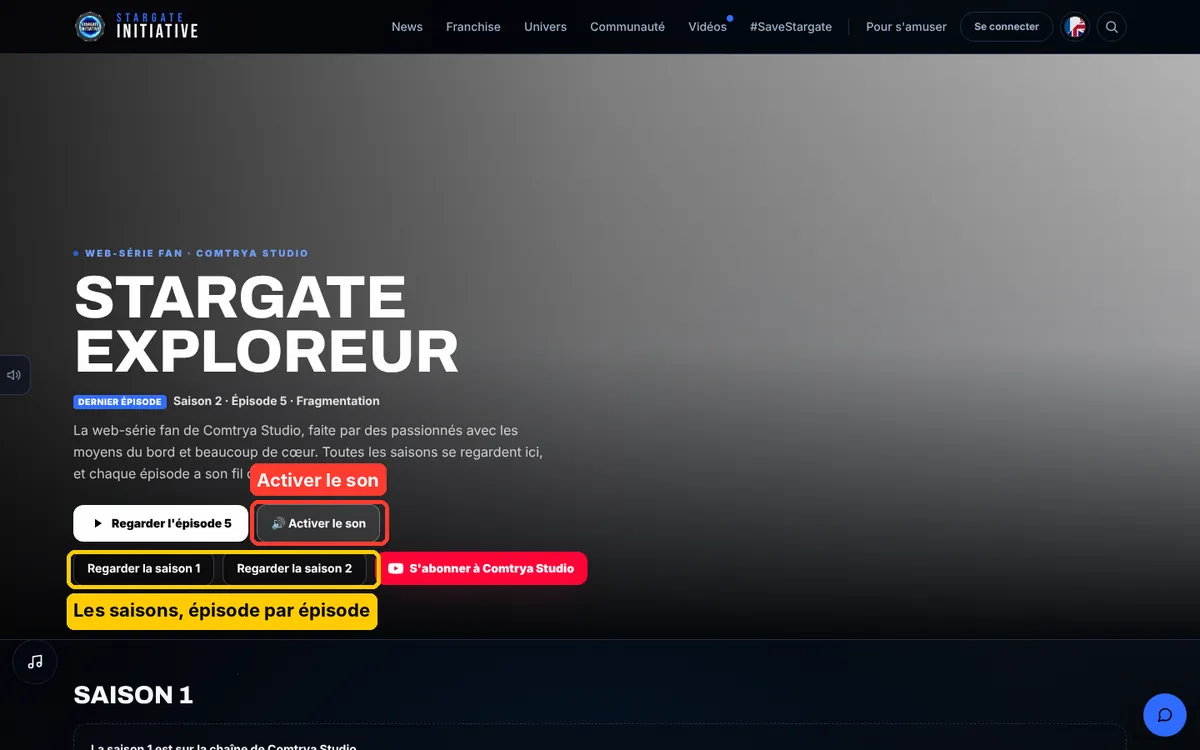 La page Stargate Exploreur : le bouton Activer le son encadré en rouge, les boutons des saisons entourés en jaune