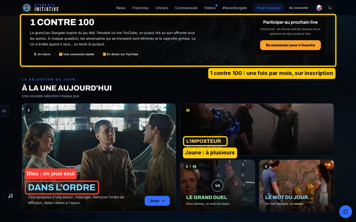 La page Jeux : l'encart 1 contre 100 en haut et les tuiles photo, avec les titres bleus (solo) et jaunes (à plusieurs) entourés