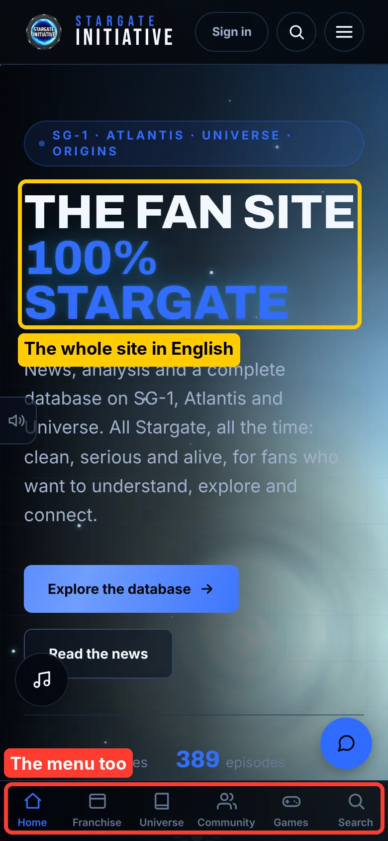 The English home page on a phone