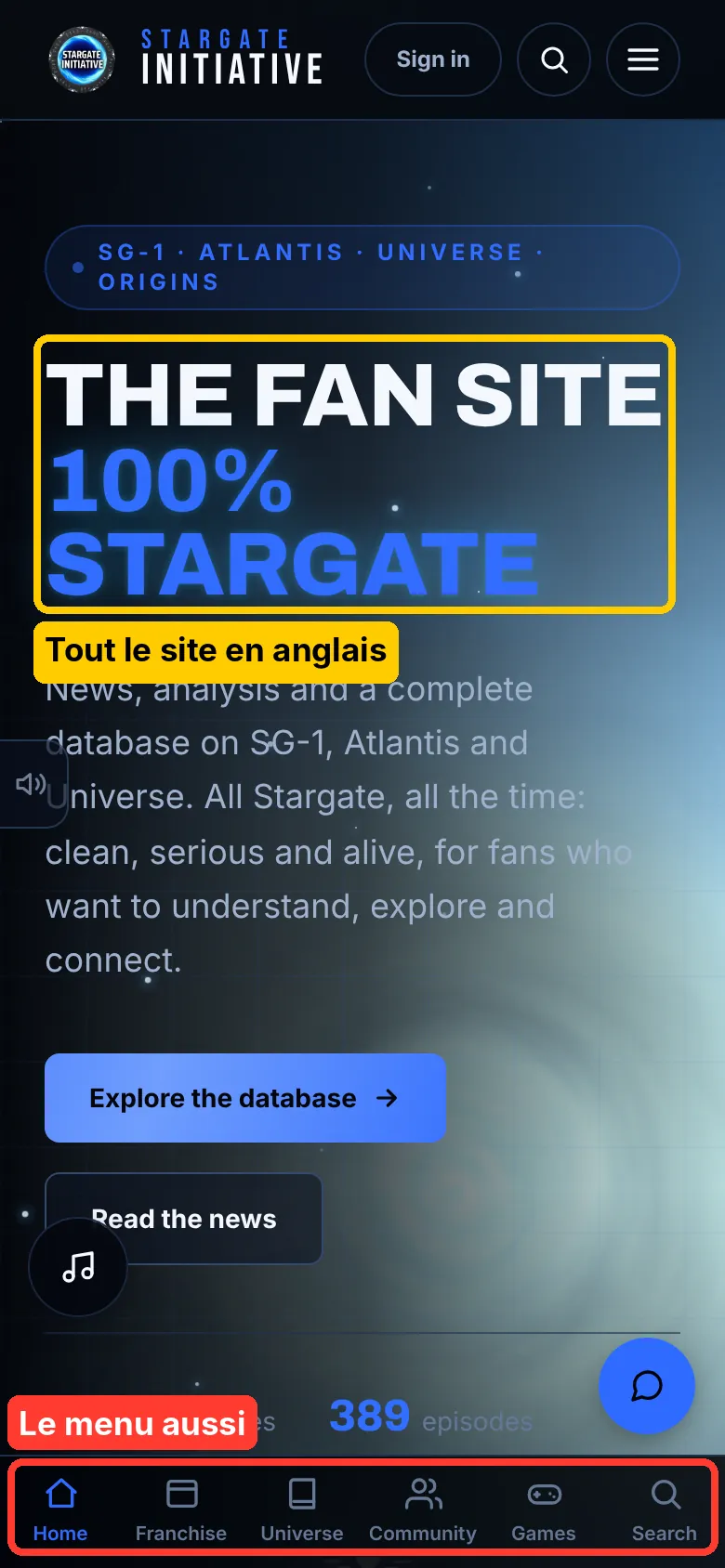 L'accueil du site en anglais sur un téléphone
