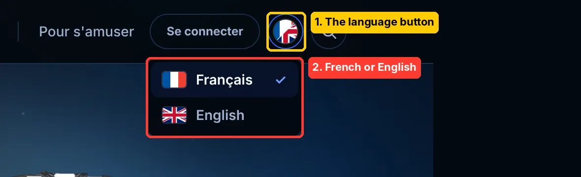 The site menu with the new language button, half French flag, half British flag, circled in yellow