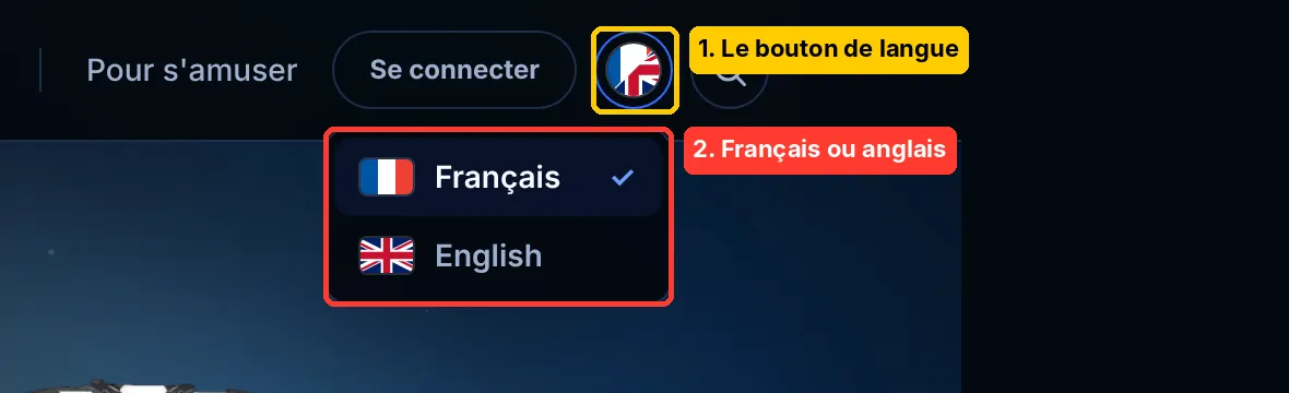 Le menu du site avec le nouveau bouton de langue, mi-drapeau français, mi-drapeau anglais, entouré en jaune