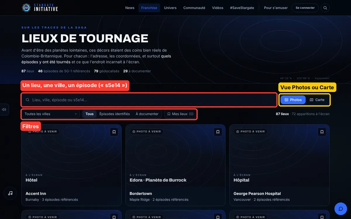 La page Lieux de tournage : la recherche, les filtres et le bouton Photos / Carte, encadrés en rouge