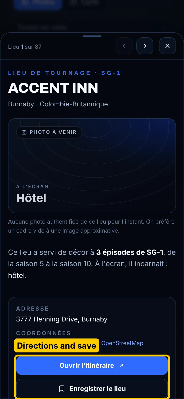 A location page on a phone, with the Open directions and Save location buttons circled in yellow