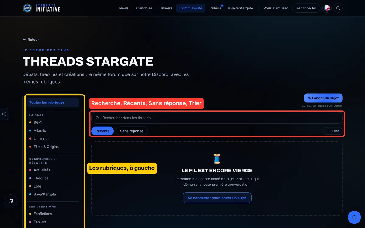 La nouvelle page Threads : les rubriques à gauche entourées en jaune, la recherche et les filtres encadrés en rouge